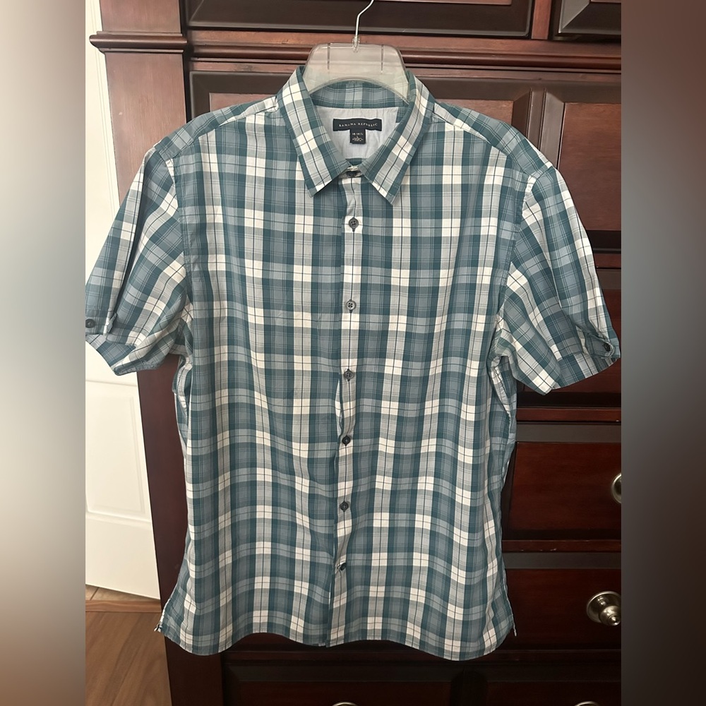 Banana Republic Mens Large 16-16 1/2 Blue Green Plaid 100% Cotton Short Sleeve